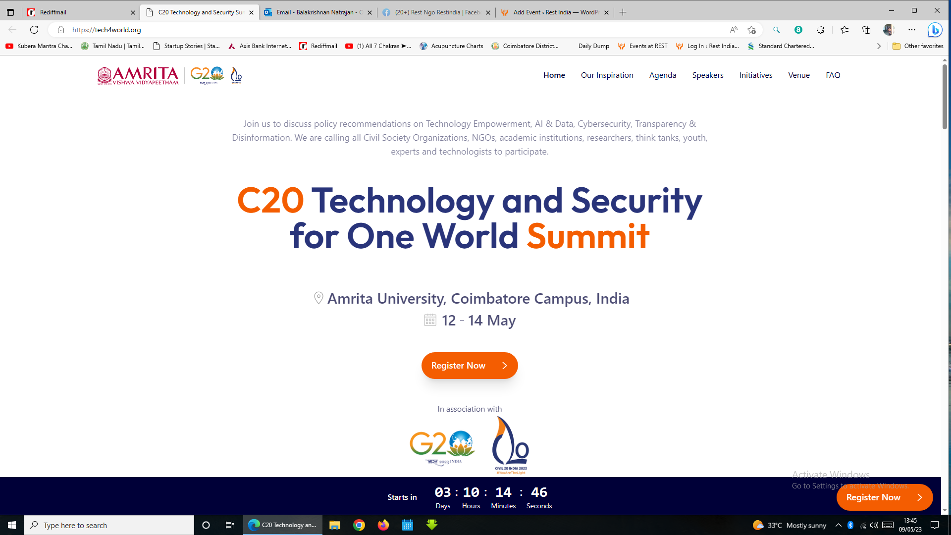 13 th and 14th May 2023 -C20 International Summit (Technology and Security for One World)- at Amrita School of engineering Coimbatore